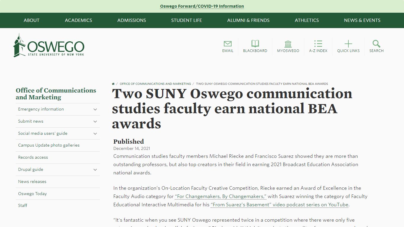 Two SUNY Oswego communication studies faculty earn ...